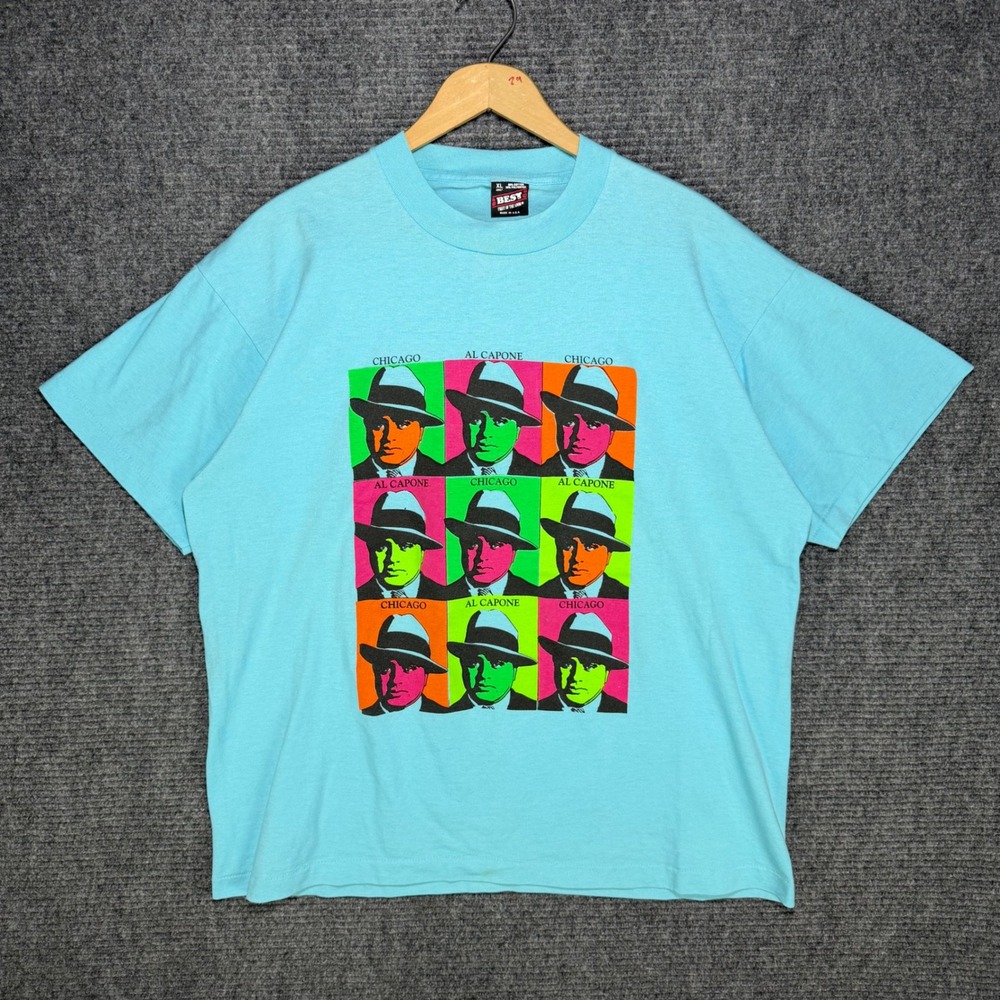 Vintage 90s Al Capone Pop Art T Shirt XL Fruit of the Loom Best Chicago Blue USA